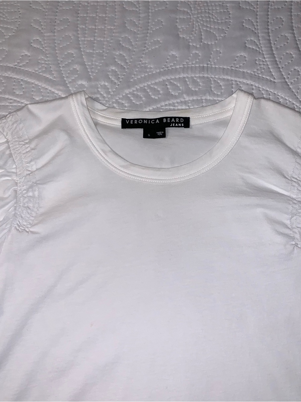 Veronica Beard Waldorf Ruched Sleeve Tee. White Pima Cotton. S - Picture 5 of 8